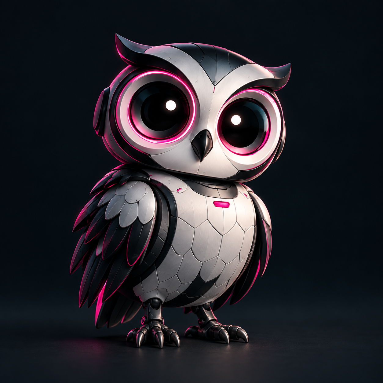 Archie, the friendly silver and dark teal robot owl with pink-ringed eyes